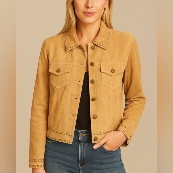 Tribal Suede Tan Leather Jacket With Gold Sequin & Beaded Trim, Womens size 10 - Picture 1 of 16